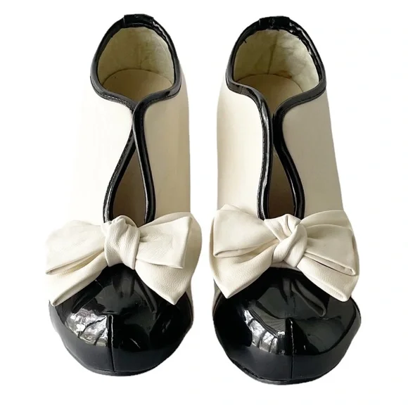 Bing Dress Shoes Retro Leather Bow Two-Tone Wedding Pumps, 40s Era Cosplay Heels - Picture 4 of 9